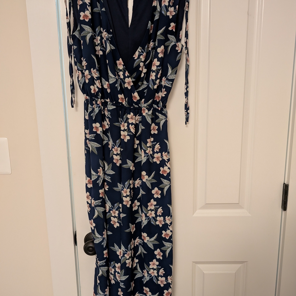 As U Wish Cream and Blue Long Sleeve Wrap Tie Front Sundress
